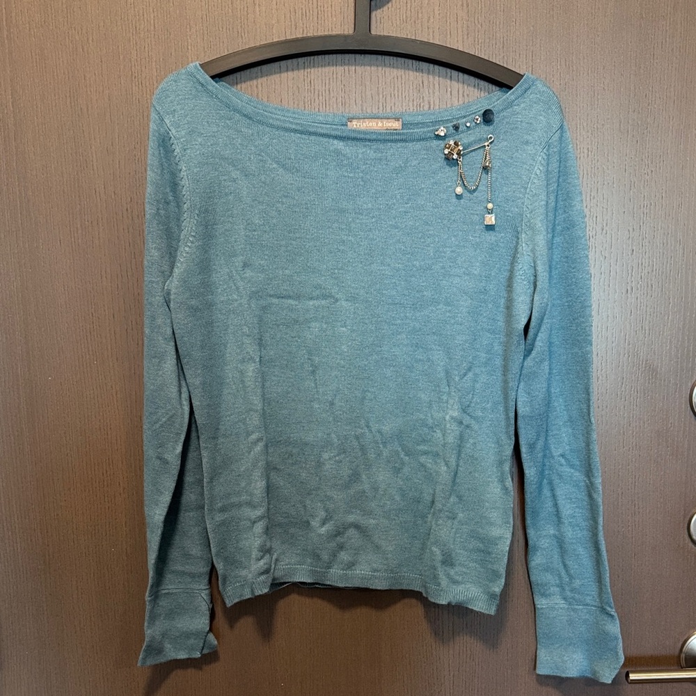 Chic Teal Long Sleeve Women's Top with Embellishment